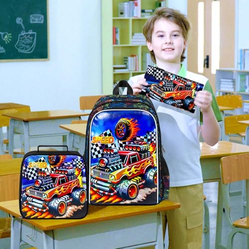 HPJGD 3PCS Truck Kids Backpack for Boys, Water Resistant Elementary Bookbag Set with Lunch Box, Cool School Bag for Preschool Toddler - Red Truck - color: Cool Uv Printed Bold Truck Red