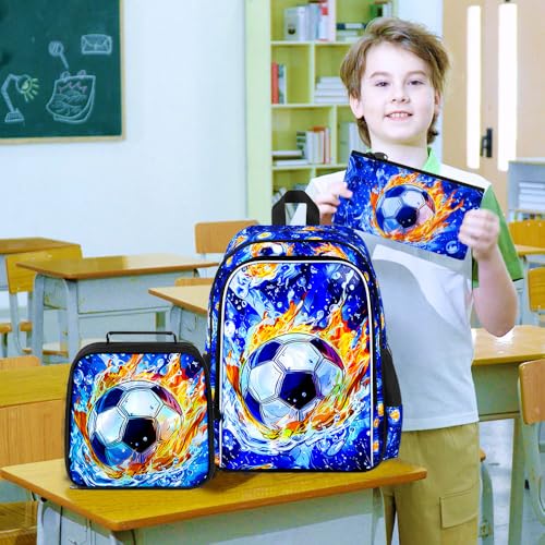 HPJGD 3PCS Soccer Backpack for Boys, Water Resistant Kids Bookbag Set with Lunch Box, Cool School Bag for Elementary Preschool Toddler - Fire & Water Soccer - color: Cool Uv Printed Fire and Water Soccer Blue