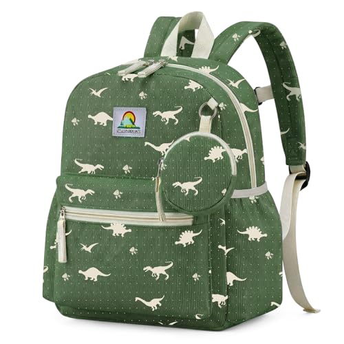 Corduroy Toddler Backpack for Boys 2-5: Dinosaur Green Kids backpack for Boys Girls - 13.5 inch Preschool Kindergarten Backpacks with Coin Purse - color: Green-dinosaur