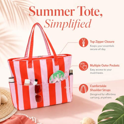 LEDAOU Beach Bag Waterproof Sandproof Women Beach Tote Pool Bag with Zipper for Swim Gym Grocery Travel with Wet Pocket | Sandproof - color: Pink & Orange Stripe