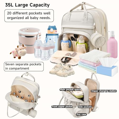 ANWTOTU Leather Baby Diaper Bags with Changing Station,Extra large Capacity Baby Diaper Bag Backpack,Waterproof Baby Essentials(White) - color: White