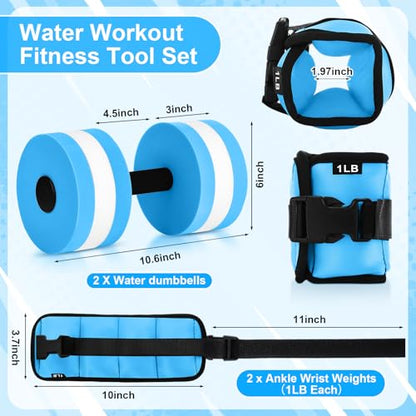 Hollowfly Water Aerobics Set, 4 Piece Pool Exercise Kit (2 Aquatic Dumbbells + 2 Ankle/wrist Weights), EVA Foam, Low-impact Workout - color: Blue, size: 1lb