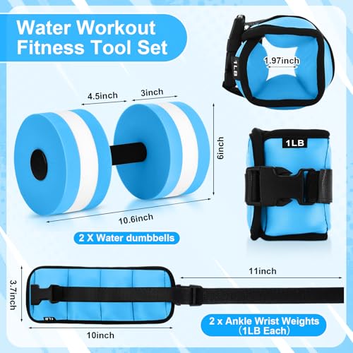 Hollowfly Water Aerobics Set, 4 Piece Pool Exercise Kit (2 Aquatic Dumbbells + 2 Ankle/wrist Weights), EVA Foam, Low-impact Workout - color: Blue, size: 1lb