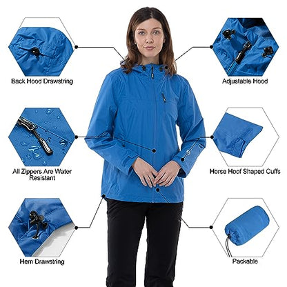 Outdoor Ventures Packable Rain Jacket Women Lightweight Waterproof Raincoat with Hood Cycling Bike Jacket - color: Dodger Blue, size: X-Large