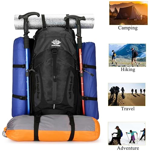 YFREAL 60L Travel Hiking Camping Backpack with Rain Cover,Backpack Water Resistant,Climbing Backpack for Men Women (BLACK) - color: Black