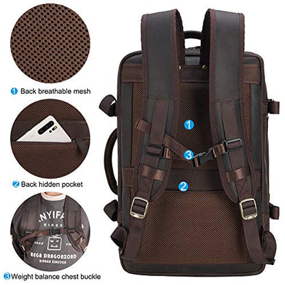Masa Kawa Leather 15.6 Inch Laptop Backpack for Men Expandable 36L Business Travel Rucksack Daypack Weekender Bag - color: Brown