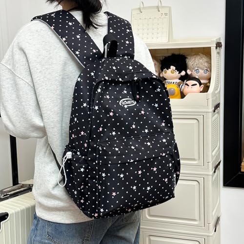Cute Aesthetic Backpack Y2K Simple Heart Star Print Kawaii Backpacks Travel Laptop Rucksack Backpack for Women (Black) - color: Black