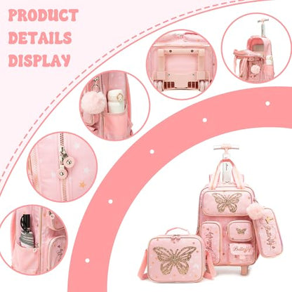 Kids Rolling Backpack with Wheels for Girls Roller Travel Luggage Kids Carry on School Backpack for Girls Ages 6-8 - color: Pink 03
