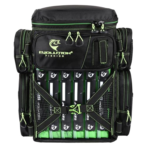 Evolution Fishing Drift Series Tackle Backpack, Outdoor Rucksack w/ 6 Fishing Tackle Trays, Heavy Duty - color: Green, size: 3600