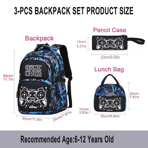 3PCS Kids Backpack Set, School Backpack with Lunch Bag & Pencil Case, Lightweight Waterproof Bookbag for Kids (Gamer Black Blue) - color: Gamer Black Blue