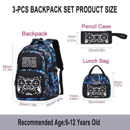 3PCS Kids Backpack Set, School Backpack with Lunch Bag & Pencil Case, Lightweight Waterproof Bookbag for Kids (Gamer Black Blue) - color: Gamer Black Blue