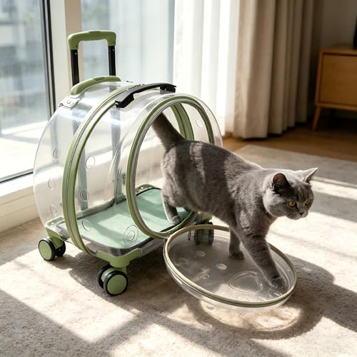 Cat Carrier with Rolling Wheels, Clear Pet Trolley Case Pet Backpack with Multiple Ventilation Holes for Cats and Dogs, Green - color: Green Cat Carrier