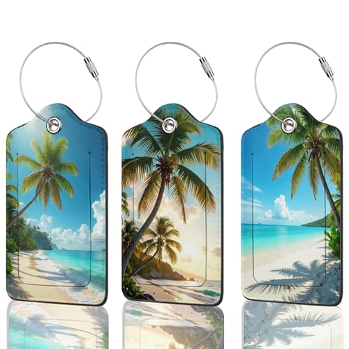 3 Pack Tropical Palm Beach Luggage Tag for Suitcase Leather Travel Cruise Luggage Tag with Stainless Steel Loop Name ID Label Privacy Cover for Travel Bag Labels Set (Coconut Palm Tree) - color: Coconut Palm Tree