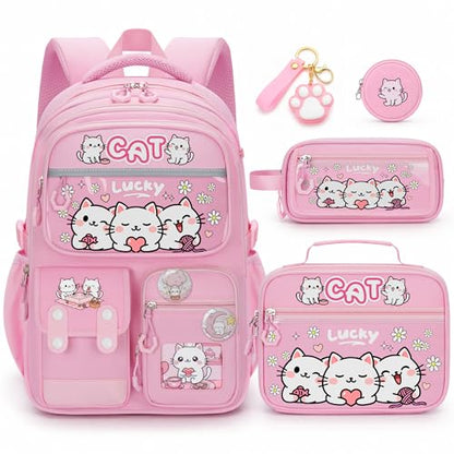 Cat Backpack for Girls, 4 PCS Girls Backpack with Lunch Box Set, Cute Kawaii Large Laptop Bookbag, School Bag for Elementary Kids & Teens - color: Cat