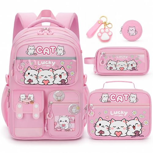 Cat Backpack for Girls, 4 PCS Girls Backpack with Lunch Box Set, Cute Kawaii Large Laptop Bookbag, School Bag for Elementary Kids & Teens - color: Cat