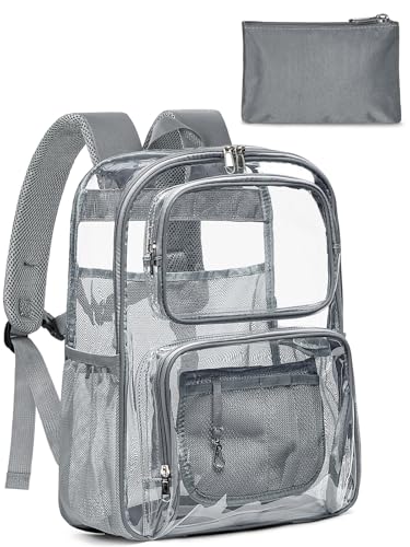 Clear Backpack Heavy Duty for Women Men Boys Girls, Large Clear Bookbag See Through Backpack for School College - color: 6#grey+pouch-no Reflective Strips