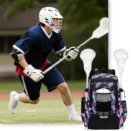 KAVIGOR Lacrosse Bag 65L, Extra Large Lacrosse Gear Backpack with Multi-Pocket Design, Helmet Holder & Ventilated Shoe Compartment - color: Camo Pink