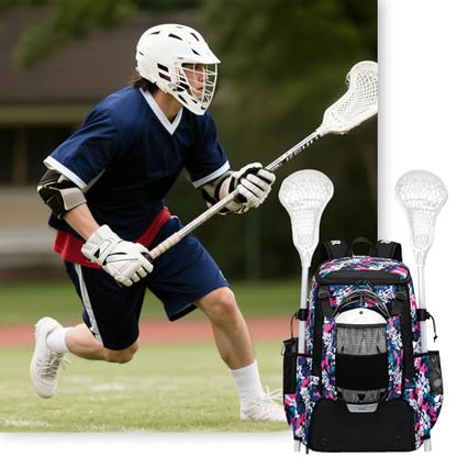 KAVIGOR Lacrosse Bag 65L, Extra Large Lacrosse Gear Backpack with Multi-Pocket Design, Helmet Holder & Ventilated Shoe Compartment - color: Camo Pink