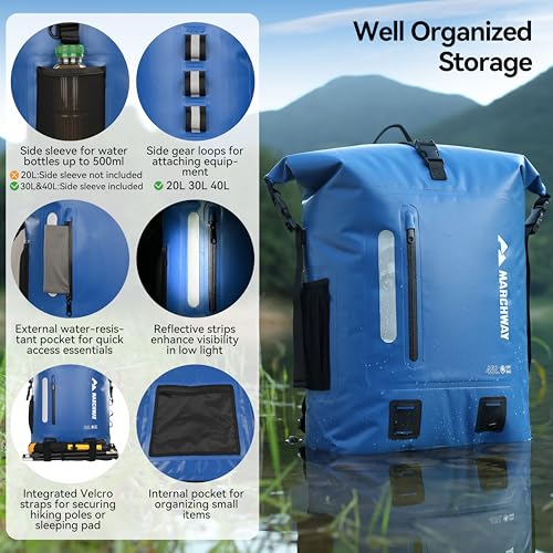 MARCHWAY Roll Top Waterproof Backpack, Rugged Hiking Dry Bag, 20L/30L/45L - color: Blue, size: 30L