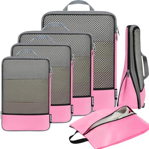 BAGAIL 4 Set/6 Set/8 Set Compression Packing Cubes Travel Accessories Expandable Packing Organizers (Half Mesh, 6-Pink) - color: 6-Pink, style: Half Mesh