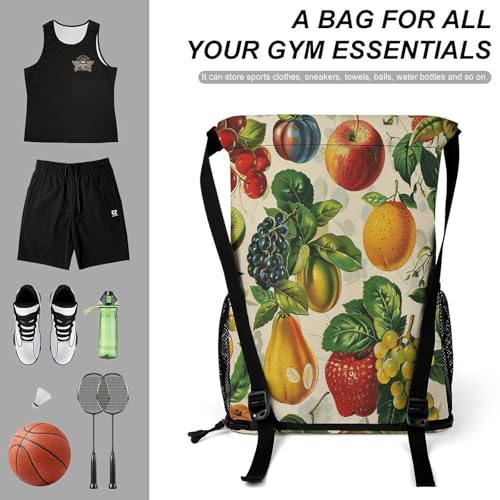 Drawstring Gym Backpack with Shoe Compartment And Wet Pocket, 28L Lightweight Waterproof Various Fruit Sports Backpack for Workout Swim Beach Travel String Bag for Men Women