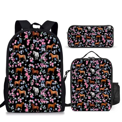 3PCS Horse Backpacks for Girls Boys Teens, School Backpack with Lunch Box Pencil Case for Elementary Middle High Students, 17 Inch Lightweight Bookpack 3 in 1 Set Back to Shool Supplies for Kids - color: Horse