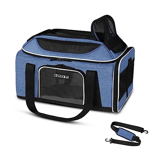 Petskd Top-Expandable Pet Carrier 17x12x8.5 Inches JetBlue Allegiant Spirit Airline Approved, Soft-Sided Carrier for Small Cats and Dogs with Locking Safety Zippers and Anti-Scratch Mesh(Blue) - color: Blue, size: 17.0"L x 12.0"W x 8.5"H