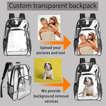 17in Custom Clear Backpack, Personalized Photo Logo Text Transparent Backpack, Heavy Duty PVC See Through Bag for Stadium Sport Travel Camping Gift - color: Style 2
