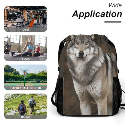 Drawstring Gym Backpack with Shoe Compartment And Wet Pocket, 28L Lightweight Waterproof Wild Wild Gray Wolf Sports Backpack for Workout Swim Beach Travel String Bag for Men Women