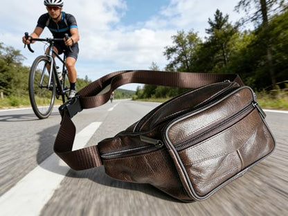 large 6 Pockets Leather Fanny Pack Travel Waist packs Waist Pack Suitable for Outdoor Mountaineering Travel Camping Cycling Running etc Fanny packs (Dark brownk) - color: Dark brown 2025 model