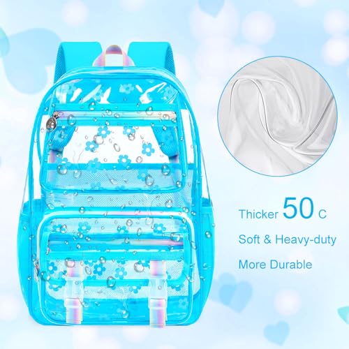KLFVB Girls Clear Backpack Heavy Duty, 3PCS See Through School Bag Set, Cute Transparent Bookbag for Women - Plum Blossom Sky Blue - color: Plum Blossom Sky Blue Clear Backpack