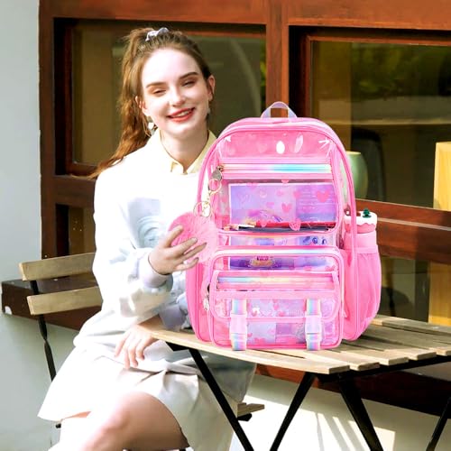 KLFVB 3PCS Clear Backpack Heavy Duty, Girls See Through School Bag Set, Cute Transparent Bookbag for Women - Heart Love Pink - color: Heart Love Pink Clear Backpack