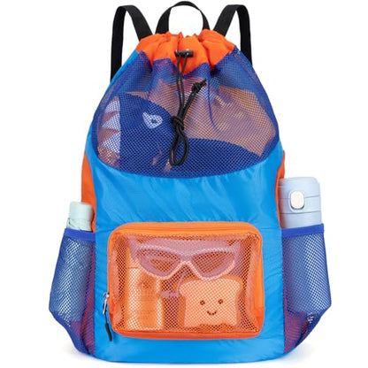 Swim Bag for Kids Mesh Beach Backpack for Boys Lightweight Drawstring Beach Bag Swimming Pool Sports Gym String Bag (Blue) - color: Blue