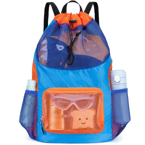 Swim Bag for Kids Mesh Beach Backpack for Boys Lightweight Drawstring Beach Bag Swimming Pool Sports Gym String Bag (Blue) - color: Blue