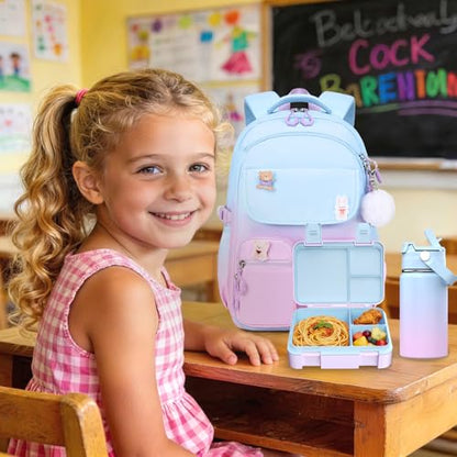 ACESAK 5PCS Backpack for Girls with Bento Box & 14oz Insulated Water Bottle - Cute School Girls Backpacks for Elementary Preschool Middle with Lunch Bag & Pencial Case, Back To School (Blue Purple) - color: Blue-purple