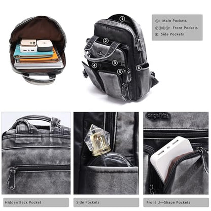 Angel Kiss Backpack Purse for Women Soft Washed Leather Multi Pocket Casual Travel Backpacks… - color: Retro-black