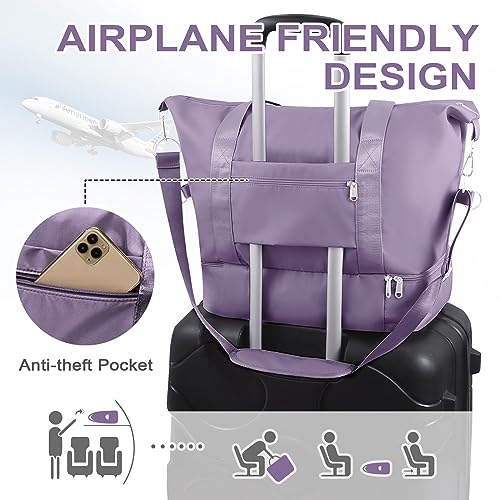 WOOMADA Weekender Bag for Women, Travel Duffel Bags with Shoe Compartment & Wet Pocket, Personal Item Bag for Airlines - color: Grayish Purple