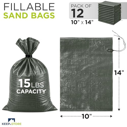 Heavy Duty Sand Bags Pack of 12, Army Green Empty Sandbags with Built-In Ties, Woven Polypropylene UV Protection 1600 Hours, Fillable Bags for Flood Control, Weight, 10x14 inches, 15 Pounds Volume - size: 10"W x 14"L, style: Pack of 12