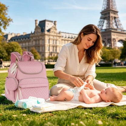 Diaper Bag Backpack, 22L Large Quilted Small Baby Bag with Changing Pad & Pacifier Case, Stroller Hooks, Easy-Access Baby Essential, Maternity Travel Backpack Unisex, Pink - color: Pink, size: Small