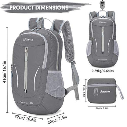 ZOMAKE Ultra Lightweight Packable Backpack 25L, Foldable Hiking Backpacks Water Resistant Small Folding Daypack for Travel(Medium Grey) - color: Medium Grey-a