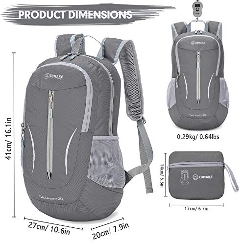 ZOMAKE Ultra Lightweight Packable Backpack 25L, Foldable Hiking Backpacks Water Resistant Small Folding Daypack for Travel(Medium Grey) - color: Medium Grey-a