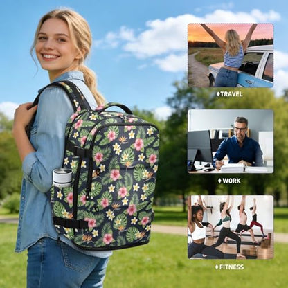 Travel Backpack with Shoe Compartment, 20L Large Capacity Laptop Backpack for Men Women, Tropical Flowers Leaves Daypack for Traveling Hiking Carry On