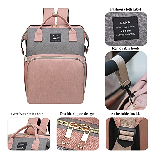 ANWTOTU Baby Diaper Bags with Changing Station,Waterproof Diaper Bag Backpack for Moms Dads with USB Charging Port,Large Capacity Multifunctional Baby Essentials(Pink-Grey) - color: Pink-grey