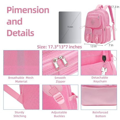 Pink Mesh Backpack for Girls Boys, Mesh Bookbags Heavy Duty Semi-Transparent School Bag for College, Travel, Beach, Swimming, Sports - color: Pink