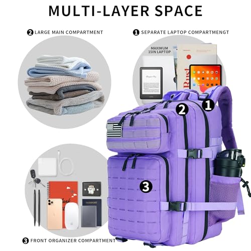 Military Tactical Backpack 45L/25L 3 Day Assault Pack Molle Daypack Hiking Backpack for Men and Women - color: Pale-purple, size: 25L