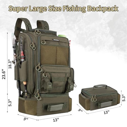 BLISSWILL Large Fishing Backpack with Cooler for 3 Tackle Boxes - Fishing Bag with Rod Holders for Camping and Hiking - color: Army Green