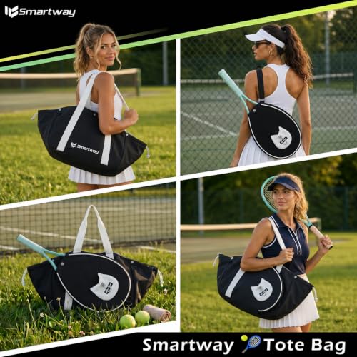 Smartway Pickleball Tote Bag for Women with Detachable Racket Sleeve - color: Black