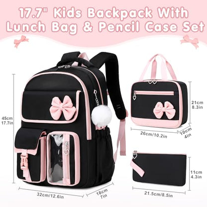 GeeWin Girls Backpack for School with Lunch Box & Pencil Case Set, 17 Inch Waterproof Cute Bow Girls Bookbag for Kids, Teens, Elementary Middle High College School Student (Black/Pink) - color: Black Pink