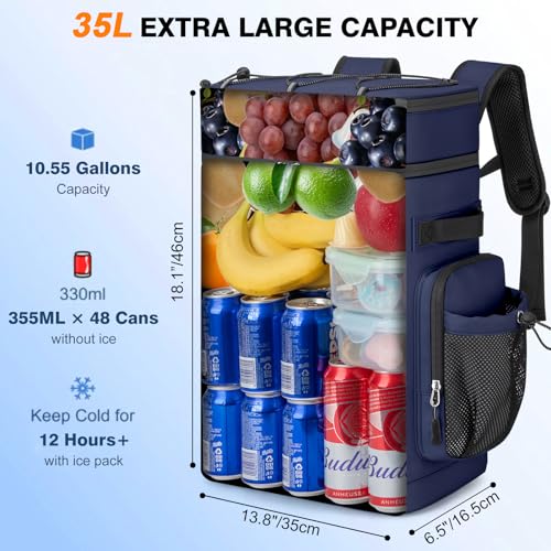 Insulated Cooler Backpack, 35L Leakproof Backpack with Double Compartments for Men & Women, Large Lunch Cooler for Camping, Beach, Travel, Picnic, Up to 48 Cans - color: Blue