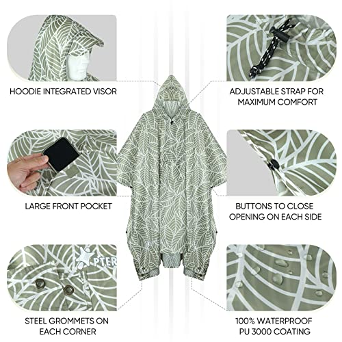 PTEROMY 3-in-1 Hooded Rain Poncho for Adult with Pocket, Waterproof Lightweight Unisex Raincoat for Hiking Camping Emergency - color: Antique Foliage
